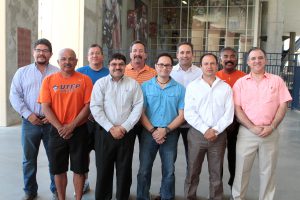 Several members of the 1989 team recently reunited at UTEP’s Larry K. Durham Center to discuss the lessons they learned during their championship season that benefit them to this day. They are, from left, Victor Franco, Jesus Enriquez, Daniel Martinez, Luis Villalobos, conditioning coach Hector Muñoz, Alex Delgado, Javier Navarro, Roberto Del Real, coach Roberto Tucker and Rene Franco.  Photo by JR Hernandez / UTEP News Service