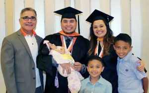 The UTEP School of Nursing hosted a Graduate Recognition Ceremony at the El Paso Natural Gas Conference Center Aug. 6. From left, School of Nursing Dean Elias Provencio-Vasquez, Miguel Rodriguez (holding daughter, Genesis), Maria Acevedo Rodriguez, Noah Rodriguez and (front) Miguel Rodriguez Jr. Miguel Rodriguez and Maria Acevedo Rodriguez received their degree from the Adult and Gerontologic Nurse Practitioner MSN program. Photo courtesy of Maria Acevedo Rodriguez