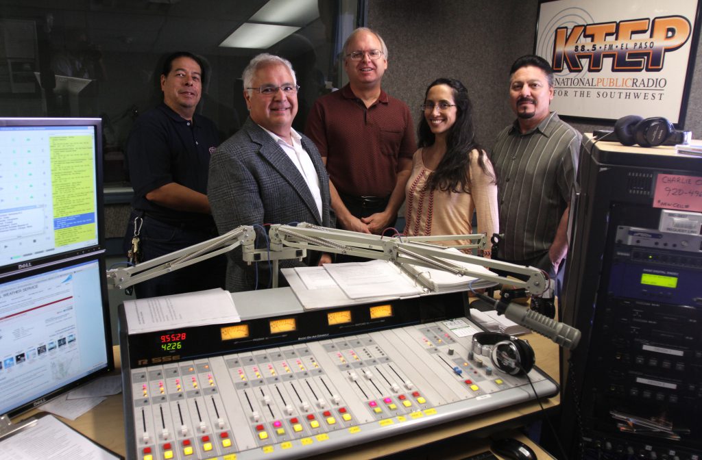 Members of the KTEP-FM staff will participate in the fall pledge drive starting Monday, Sept. 29. They are, from left, Dennis Woo, Louie Saenz, Pat Piotrowski, Norma Martinez and John Carrillo. Photo by J.R. Hernandez / UTEP News Service.