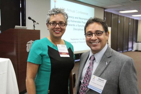 National Hispanic Science Network Chair Patricia E. Molina, M.D., Ph.D., with UTEP Professor of psychology and NHSN Conference Co-Chair Edward Castañeda, Ph.D., during the conference opening Wednesday, Sept. 3. Photo by J.R. Hernandez / UTEP News Service