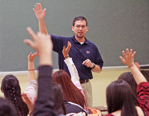 Reynaldo “Rey” Reyes, Ph.D., associate professor of teacher education, organized the Feb. 27 Migrant Student Symposium to help seniors and juniors from Canutillo High School envision how they can succeed in college. Photo by J.R. Hernandez / UTEP News Service
