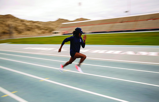Student-athlete Aiyanna Stiverne at practice at Kidd Field, Friday, February 20, 2015, in El Paso, Texas. Photo by Ivan Pierre Aguirre/UTEP News Service