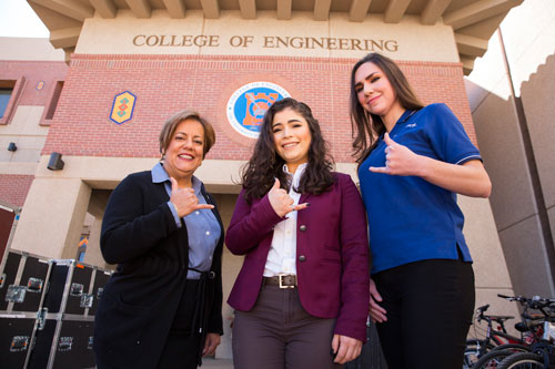 Clinical Professor of Civil Engineering Ivonne Santiago, Ph.D., poses with master's of electrical engineering student Larissa Tarango and alumnus Kathleen Zurlinden, who is now a systems engineer in air systems development for Lockheed Martin Aeronautics. Photo by Ivan Pierre Aguirre / UTEP Communications