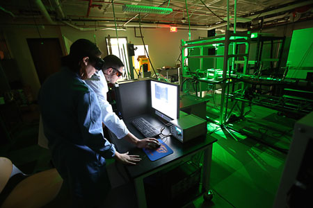 Student researchers work on propulsion technology in the Department of Mechanical Engineering's cSETR, or Center for Space Exploration Technology Research. Photo by J.R. Hernandez / UTEP Communications